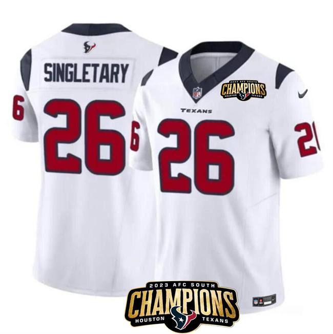 Men's Houston Texans #26 Devin Singletary White 2023 F.U.S.E. AFC South Champions Patch Vapor Untouchable Limited Football Stitched Jersey
